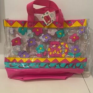 Vintage Applause Viva La Wombat Neon Pink Vinyl Cat Tote Bag w/ Bottom Zipper